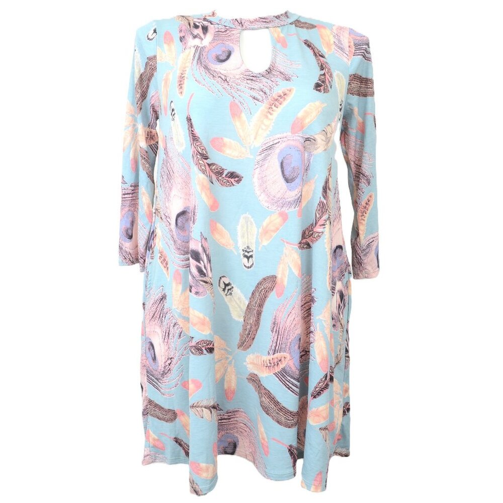 NEW Janette Feathers PLUS 1X Soft Flowy Tunic Top Dress 3/4 Sleeve Beachy Resort